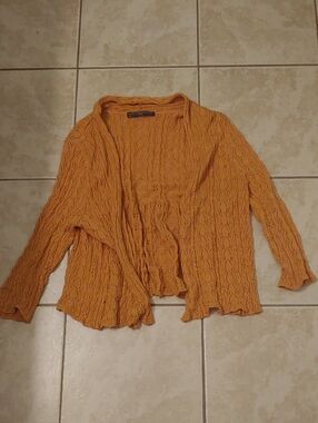 Peruvian Connection Cardigan Pima Cotton Mustard Yellow Open Front Womens Size L